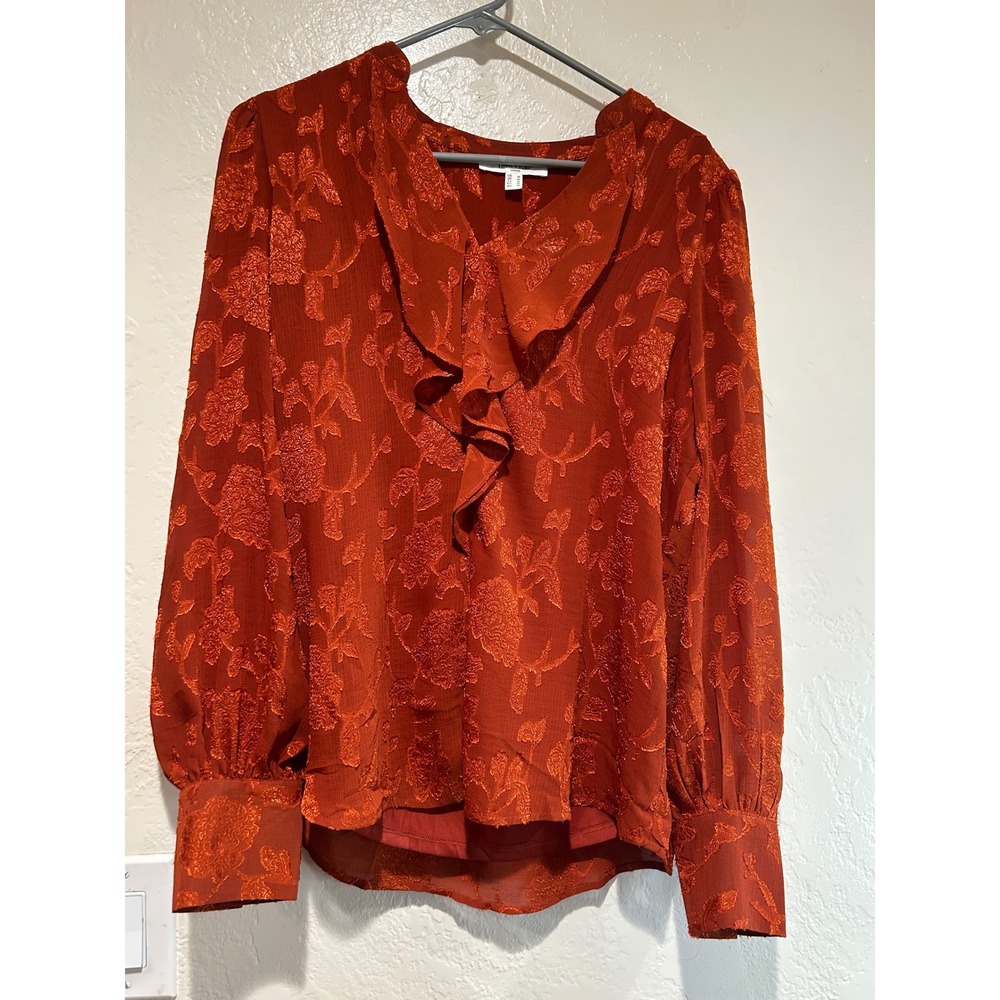 Haver + Blair Womens Burnt Orange Floral‎ Burnout Ruffle V-Neck Blouse Size M